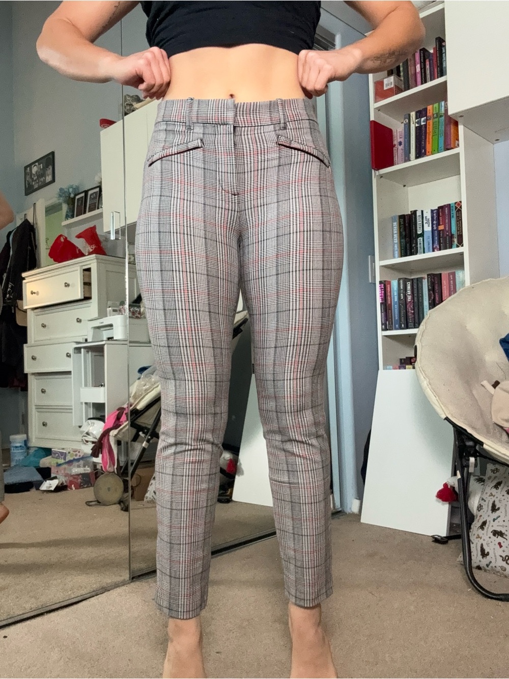 Womens Gray Glen Plaid Dress Pants with Red Windowpane